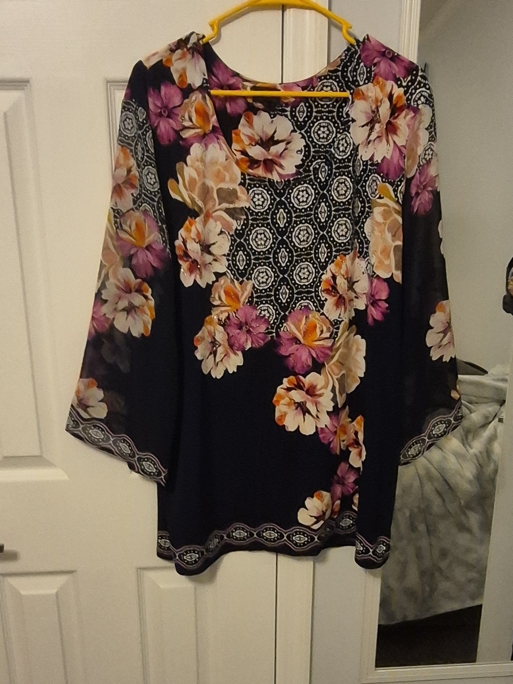 JM Collection Navy Tunic with Pink & Cream Floral Print